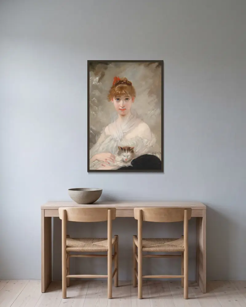 Mädchen mit weißem Tuch und Katze av Charles Chaplin inramad på en vägg