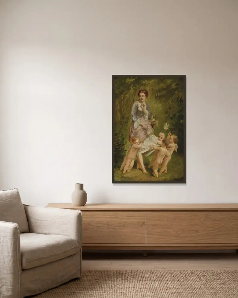 Venus mit Putti von Charles Chaplin gerahmt an einer Wand