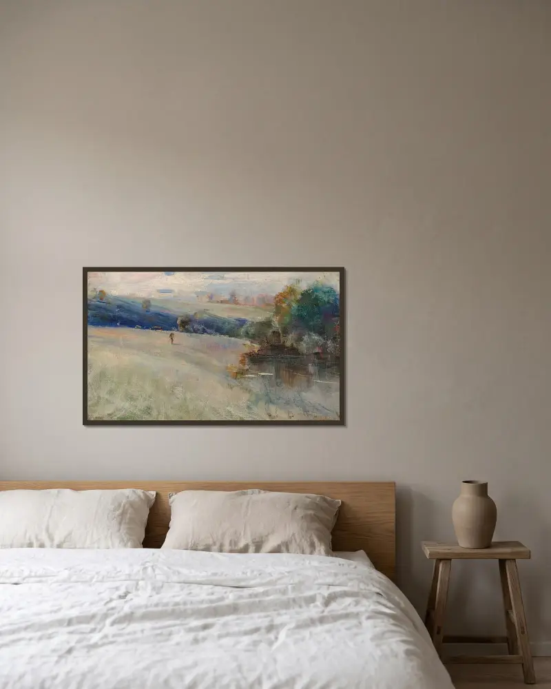 Australiskt landskap av Charles Conder inramad på en vägg