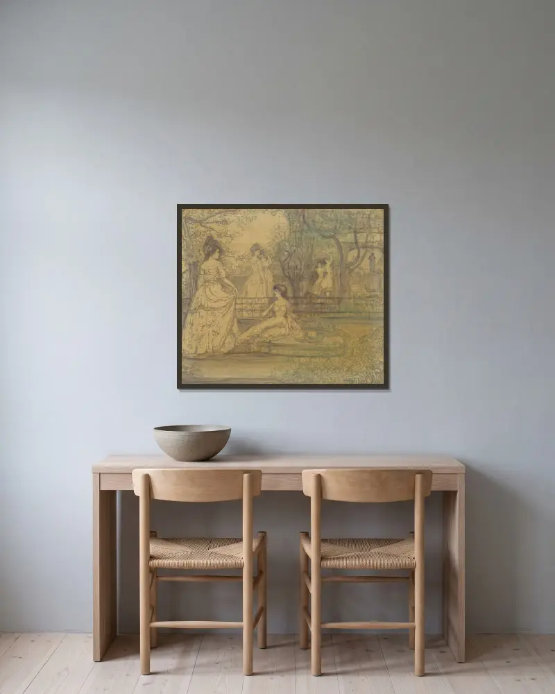 Damer i en trädgård av Charles Conder inramad på en vägg