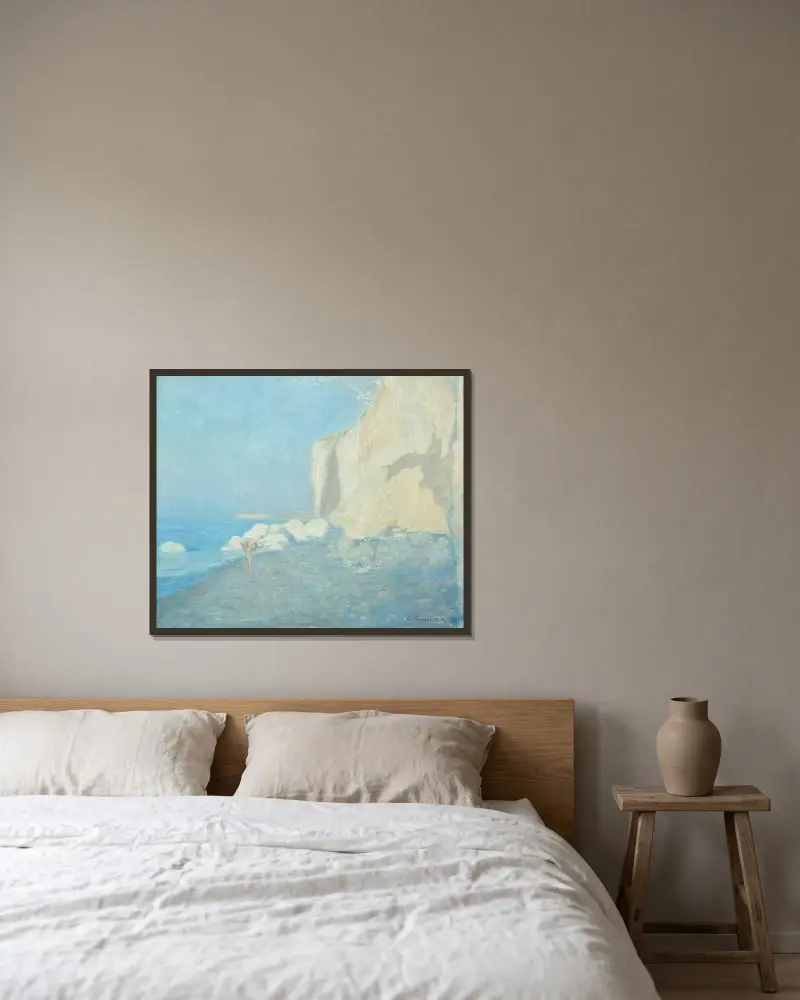 Hav, blått och klippa av Charles Conder inramad på en vägg