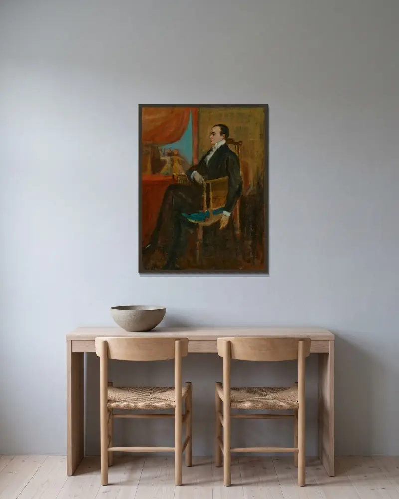 Porträtt av Max Beerbohm av Charles Conder inramad på en vägg