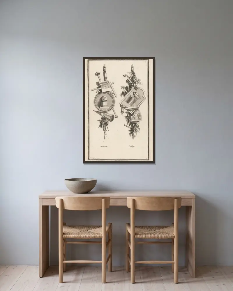 Tischlerei, Rankwerk von Jean-Charles Delafosse gerahmt an einer Wand