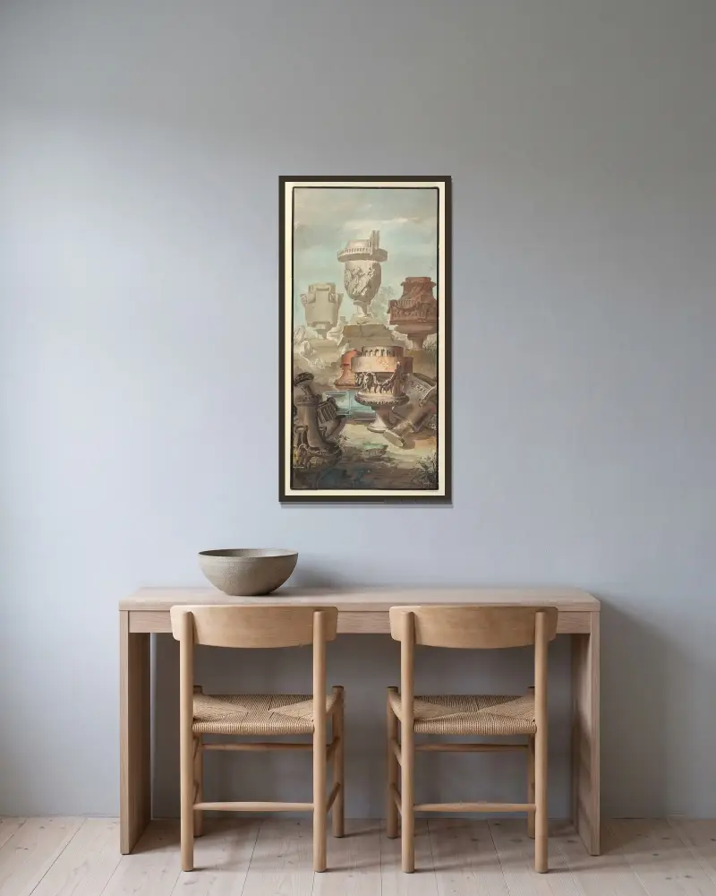 Ruin fantasi; Vaser och urnor av Jean-Charles Delafosse inramad på en vägg