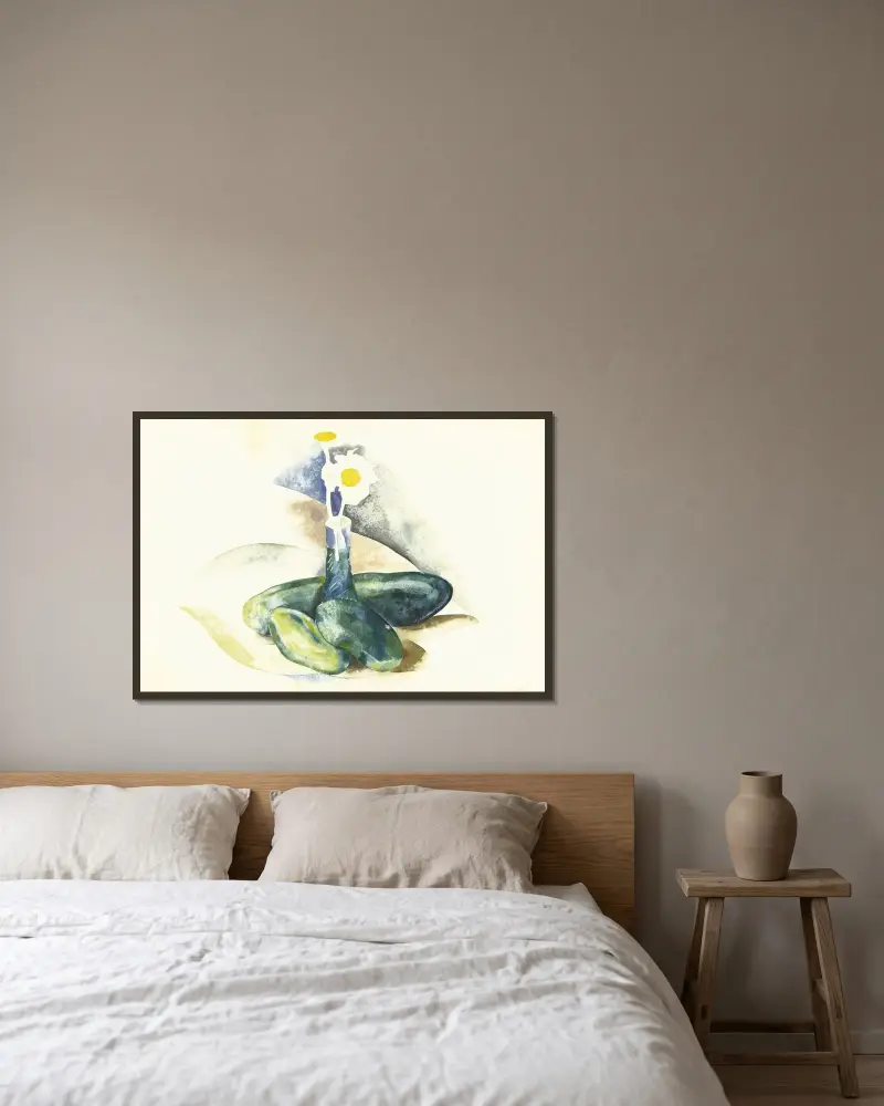Gurkor och en flaska med tusenskönor av Charles Demuth inramad på en vägg