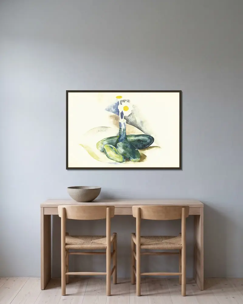 Gurkor och en flaska med tusenskönor av Charles Demuth inramad på en vägg