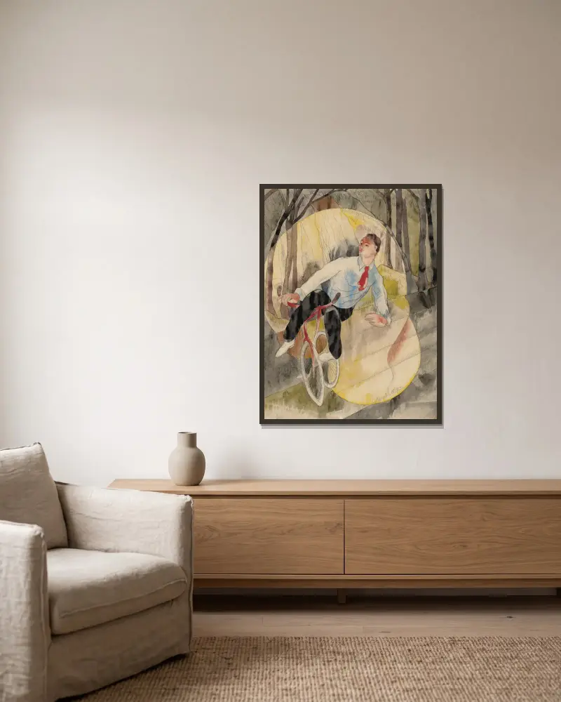 In Vaudeville, the Bicycle Rider av Charles Demuth inramad på en vägg