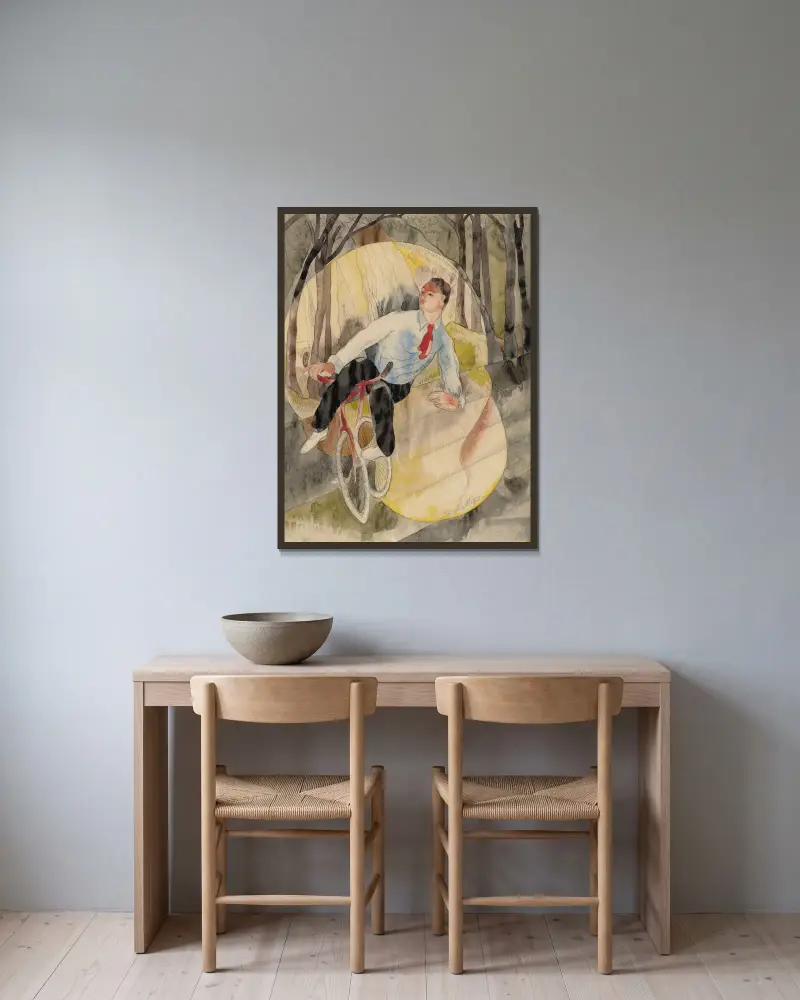 In Vaudeville, the Bicycle Rider av Charles Demuth inramad på en vägg
