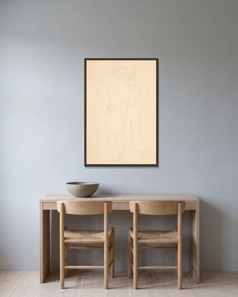 Mann mit Matrose (Studie für das Aquarell In dieser Straße, 1932) von Charles Demuth gerahmt an einer Wand