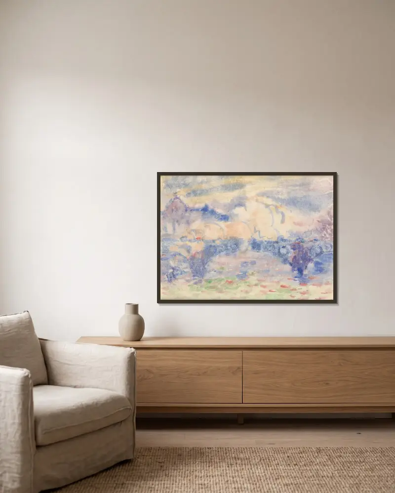 Berg med rött hus av Charles Demuth inramad på en vägg
