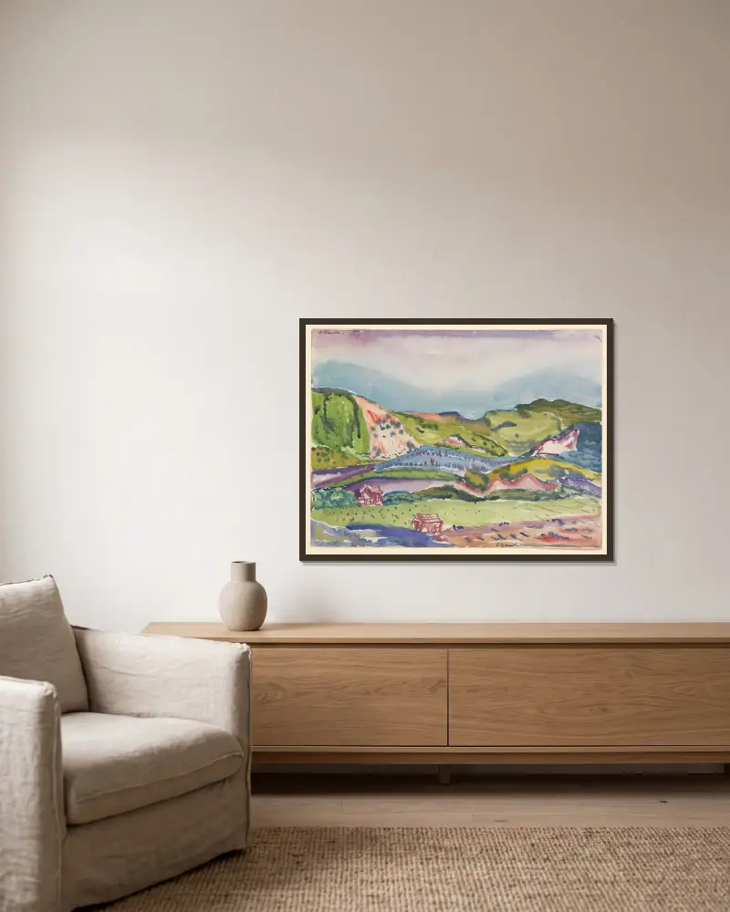 Berg med rött hus av Charles Demuth inramad på en vägg