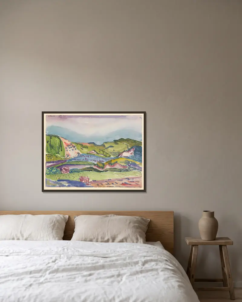 Berg med rött hus av Charles Demuth inramad på en vägg