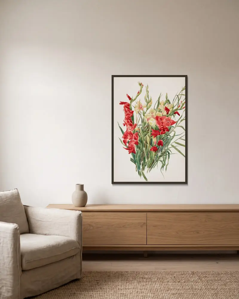 Röda och gula gladioler av Charles Demuth inramad på en vägg