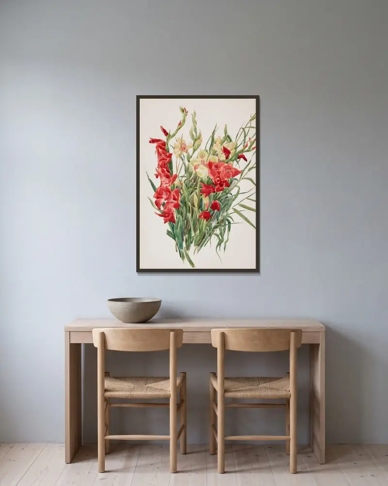 Röda och gula gladioler av Charles Demuth inramad på en vägg