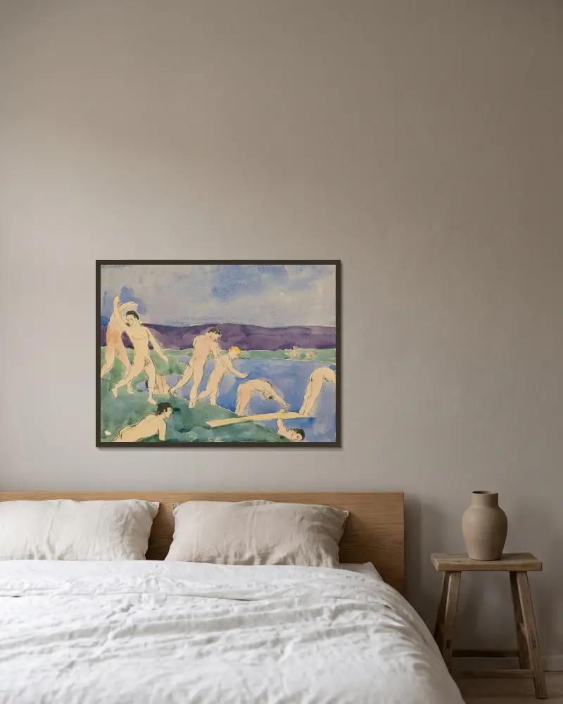 Tolv nakna pojkar på stranden av Charles Demuth inramad på en vägg