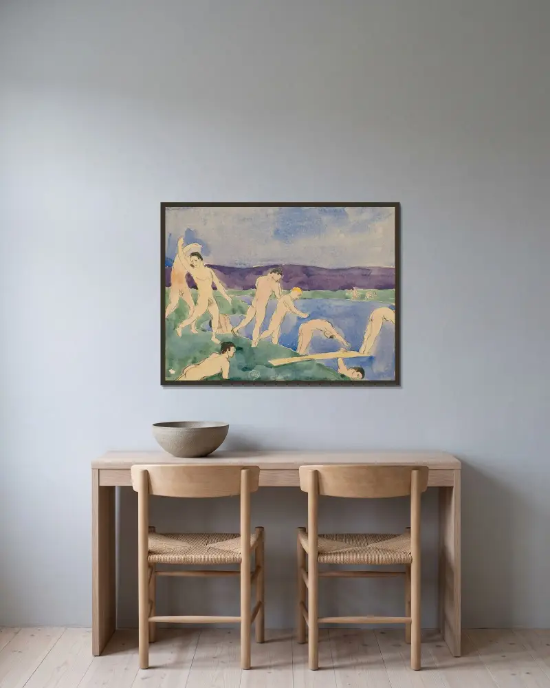 Tolv nakna pojkar på stranden av Charles Demuth inramad på en vägg