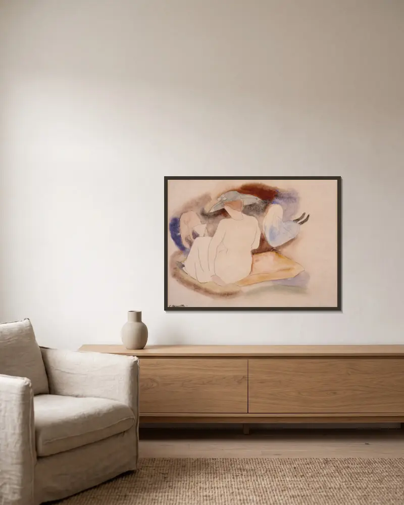 Woman with Hat and 2 Figures av Charles Demuth inramad på en vägg