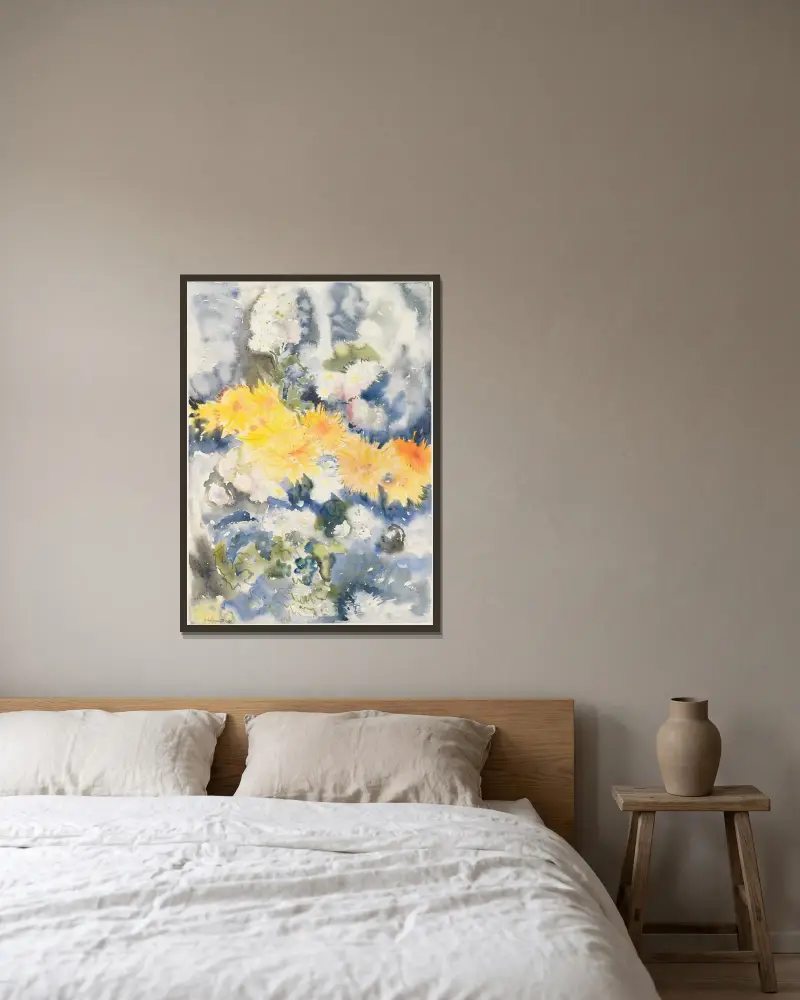 Yellow and Blue av Charles Demuth inramad på en vägg