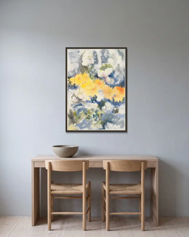 Yellow and Blue av Charles Demuth inramad på en vägg