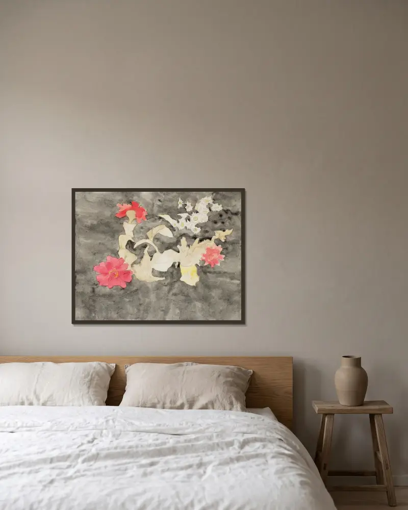 Zinnias av Charles Demuth inramad på en vägg