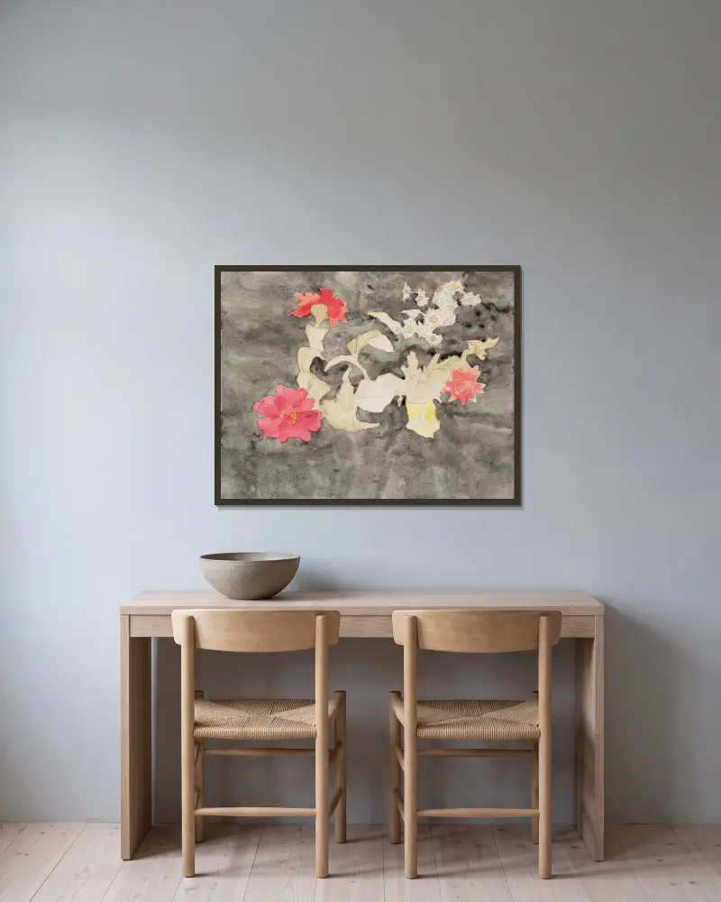 Zinnias av Charles Demuth inramad på en vägg