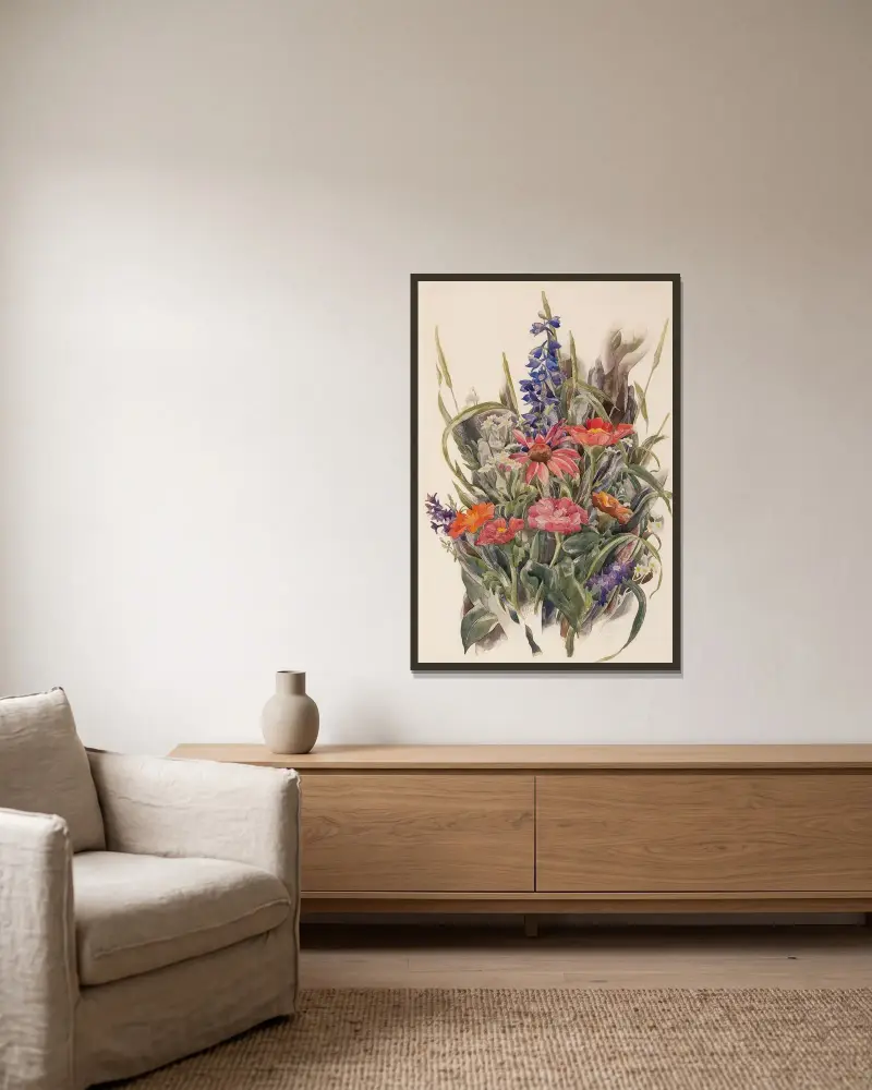 Zinnias, Larkspur and Daisies av Charles Demuth inramad på en vägg