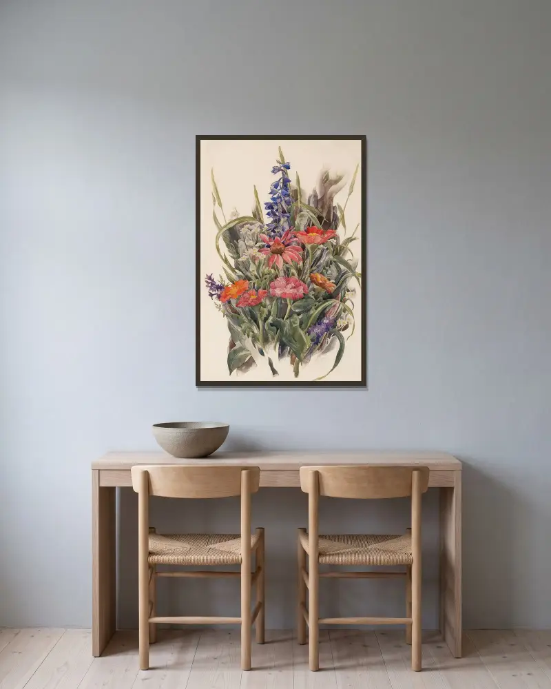 Zinnias, Larkspur and Daisies av Charles Demuth inramad på en vägg