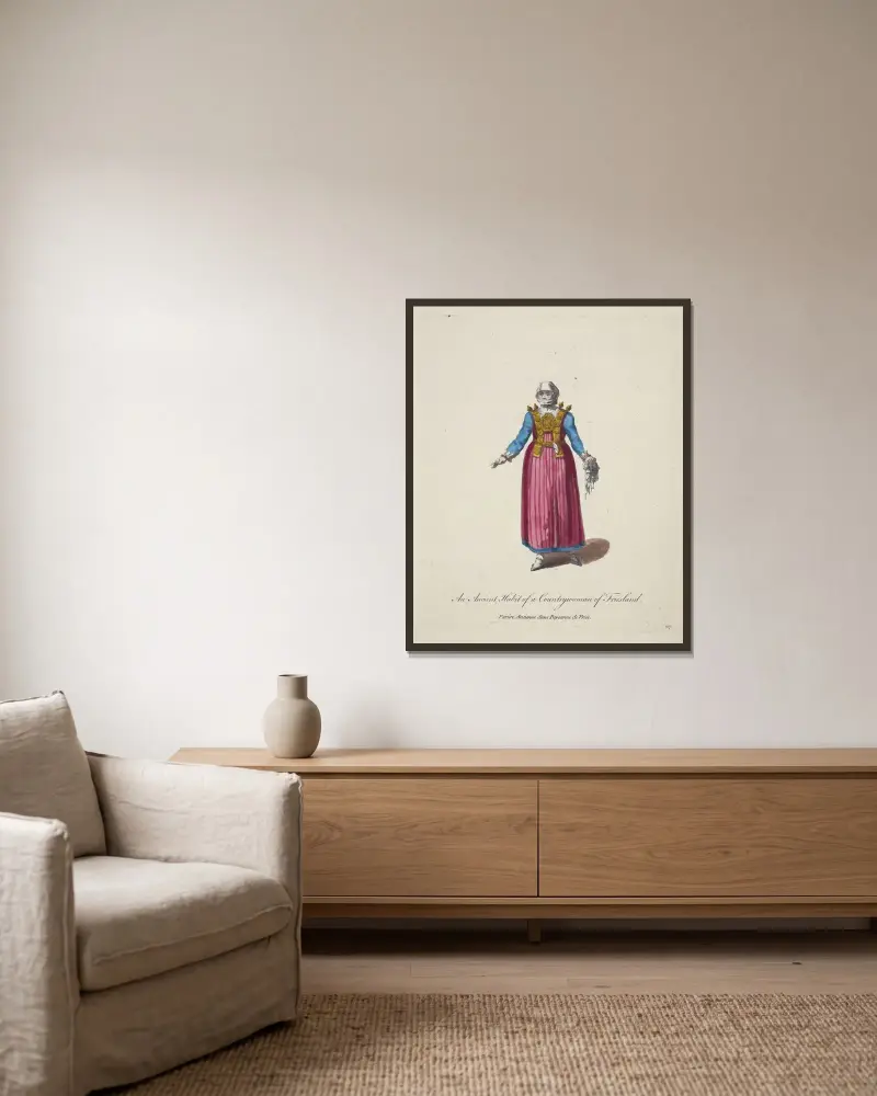 Ein alter Tracht einer Bäuerin aus Friesland. Parûre ancienne d’une paysanne de Frise von Charles Grignion gerahmt an einer Wand
