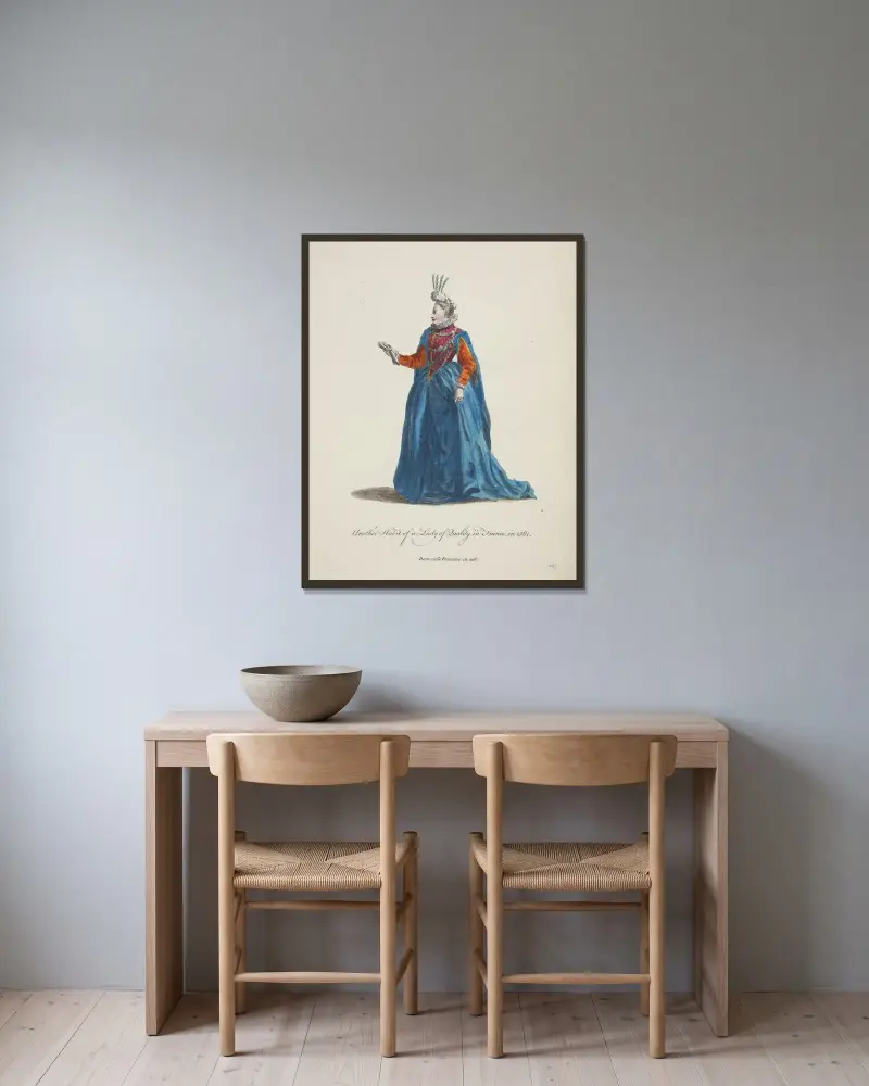 Ein weiterer Habitus einer Dame von Stand in Frankreich im Jahr 1581. Damoiselle Francoise im Jahr 1581 von Charles Grignion gerahmt an einer Wand