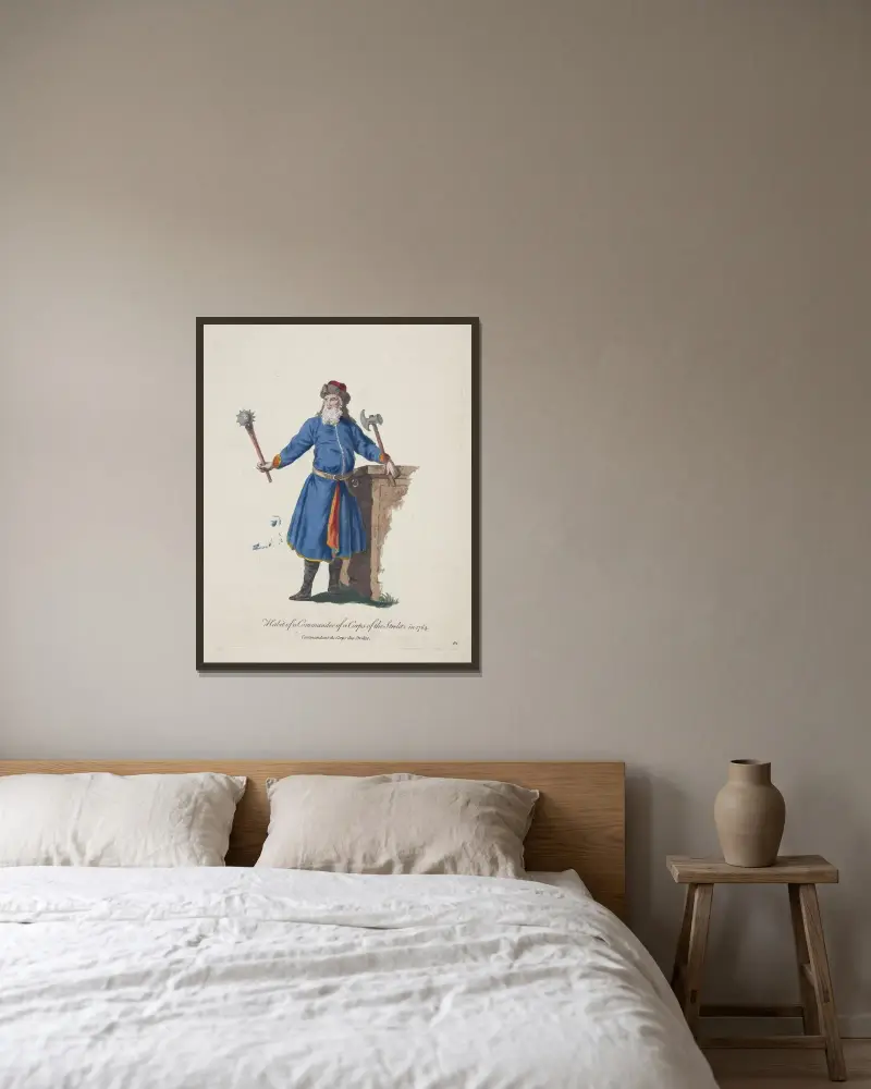 Strój dowódcy korpusu strzelców w 1764 roku, Charles Grignion w ramie na ścianie