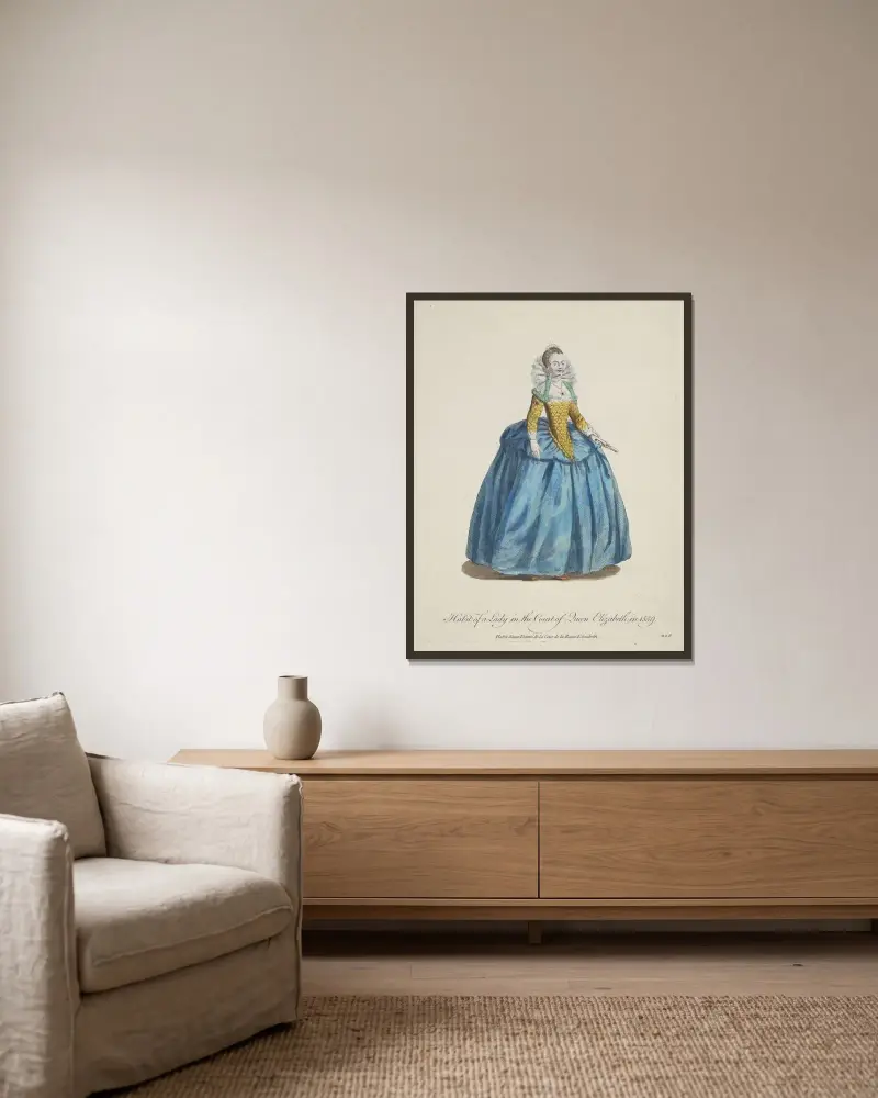 Tracht einer Dame am Hof von Königin Elisabeth 1559 von Charles Grignion gerahmt an einer Wand