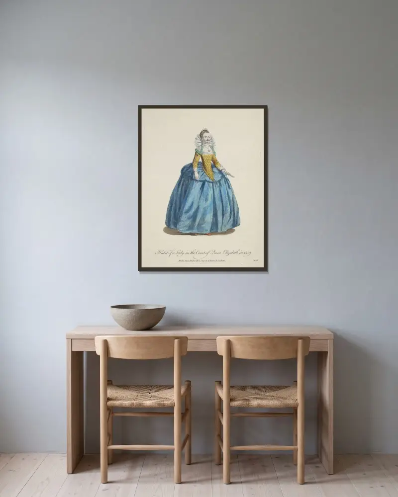 Tracht einer Dame am Hof von Königin Elisabeth 1559 von Charles Grignion gerahmt an einer Wand