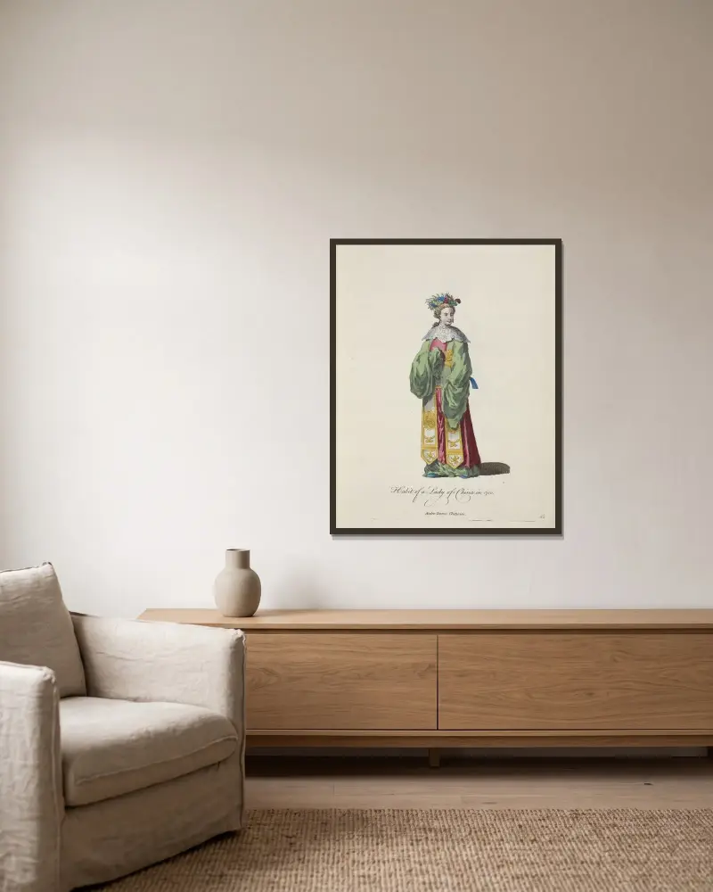 Tracht einer chinesischen Dame im Jahr 1700 von Charles Grignion gerahmt an einer Wand
