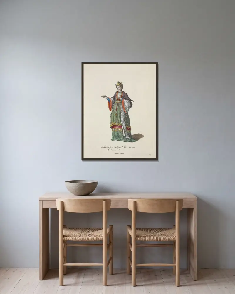 Tracht einer Dame in China um 1700. Dame Chinoise. von Charles Grignion gerahmt an einer Wand
