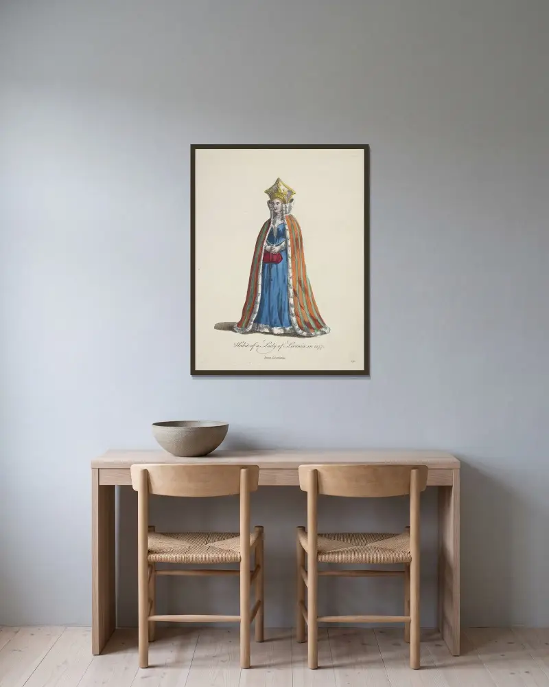 Tracht einer livländischen Dame im Jahr 1577. Dame Livonienne. von Charles Grignion gerahmt an einer Wand