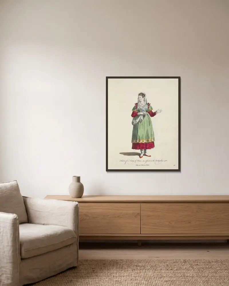 Tracht einer Dame aus Paros, einer Insel im Archipel, 1568 von Charles Grignion gerahmt an einer Wand