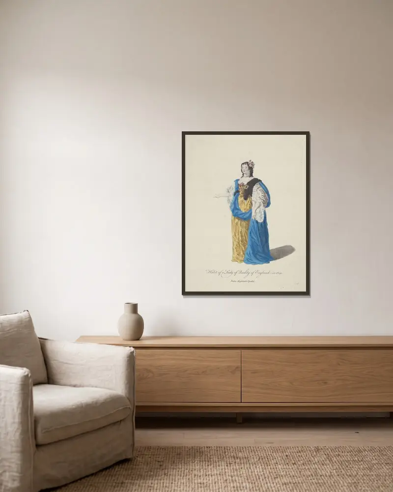 Tracht einer vornehmen Dame in England 1640 von Charles Grignion gerahmt an einer Wand