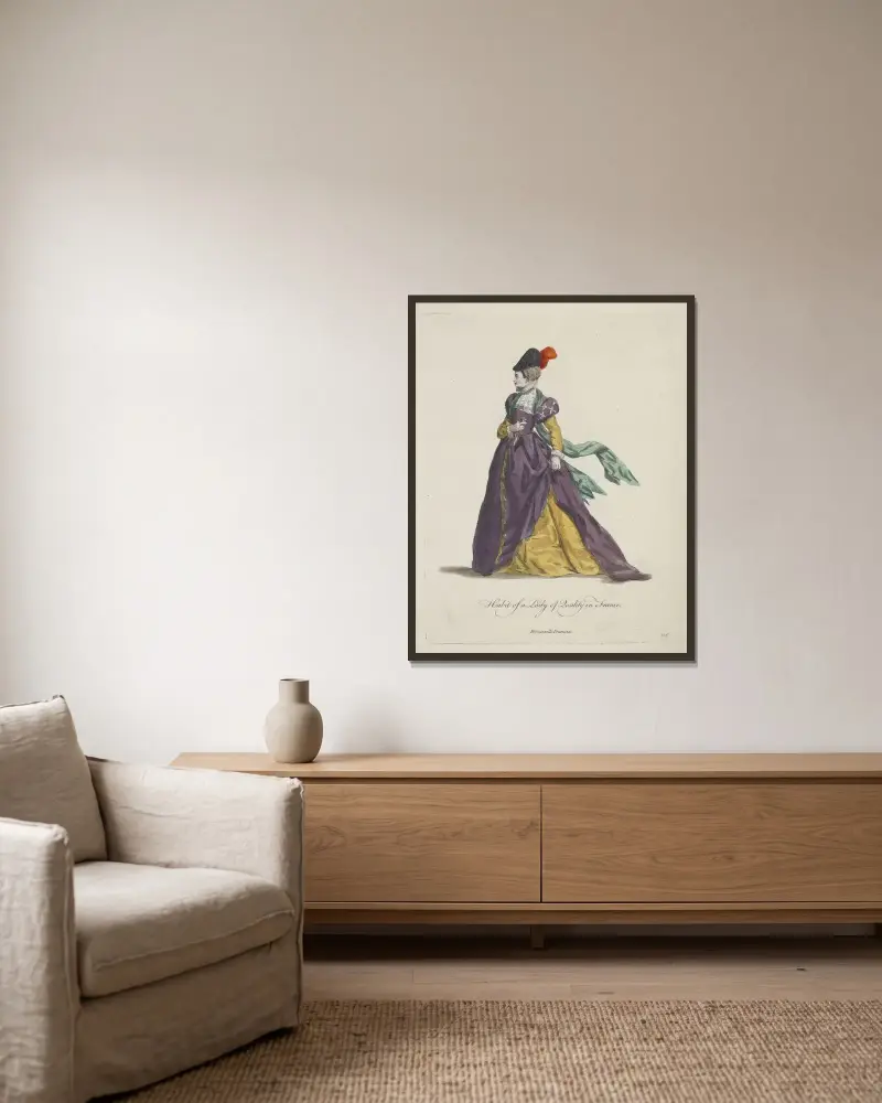 Tracht einer Dame von Stand in Frankreich. Demoiselle Francoise. von Charles Grignion gerahmt an einer Wand