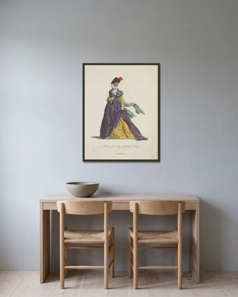 Tracht einer Dame von Stand in Frankreich. Demoiselle Francoise. von Charles Grignion gerahmt an einer Wand