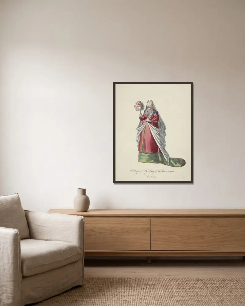 Tracht einer vornehmen Dame aus Vicenza im Jahr 1581. Dame Vicentine von Charles Grignion gerahmt an einer Wand