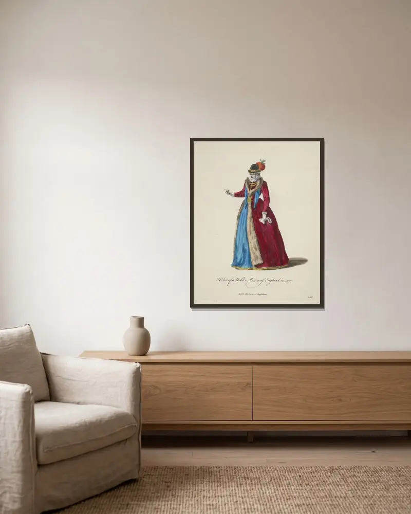 Englische Adelsdame in Tracht 1577 von Charles Grignion gerahmt an einer Wand