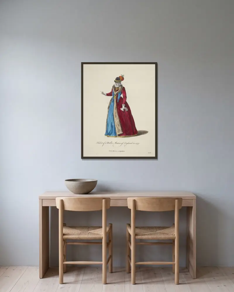 Englische Adelsdame in Tracht 1577 von Charles Grignion gerahmt an einer Wand