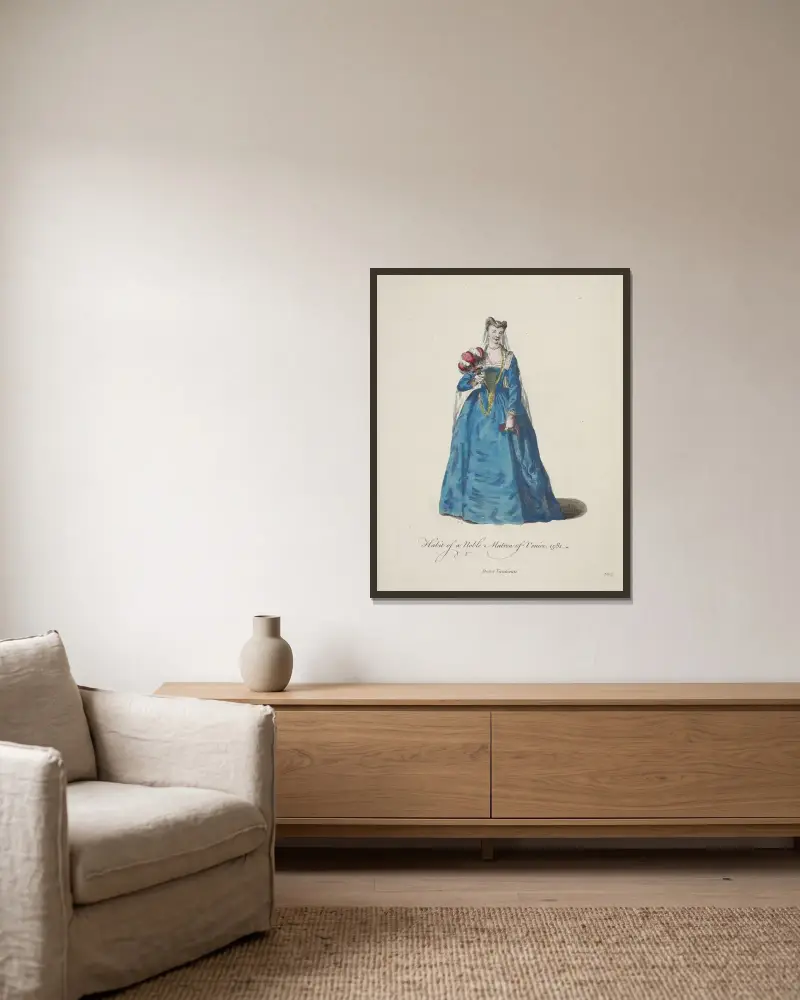 Dräkt för en venetiansk adelsdam 1581. Dame Venitienne. av Charles Grignion inramad på en vägg