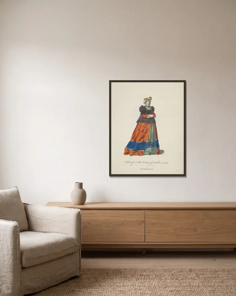 Tracht einer Adelsdame aus Schwaben 1581 von Charles Grignion gerahmt an einer Wand