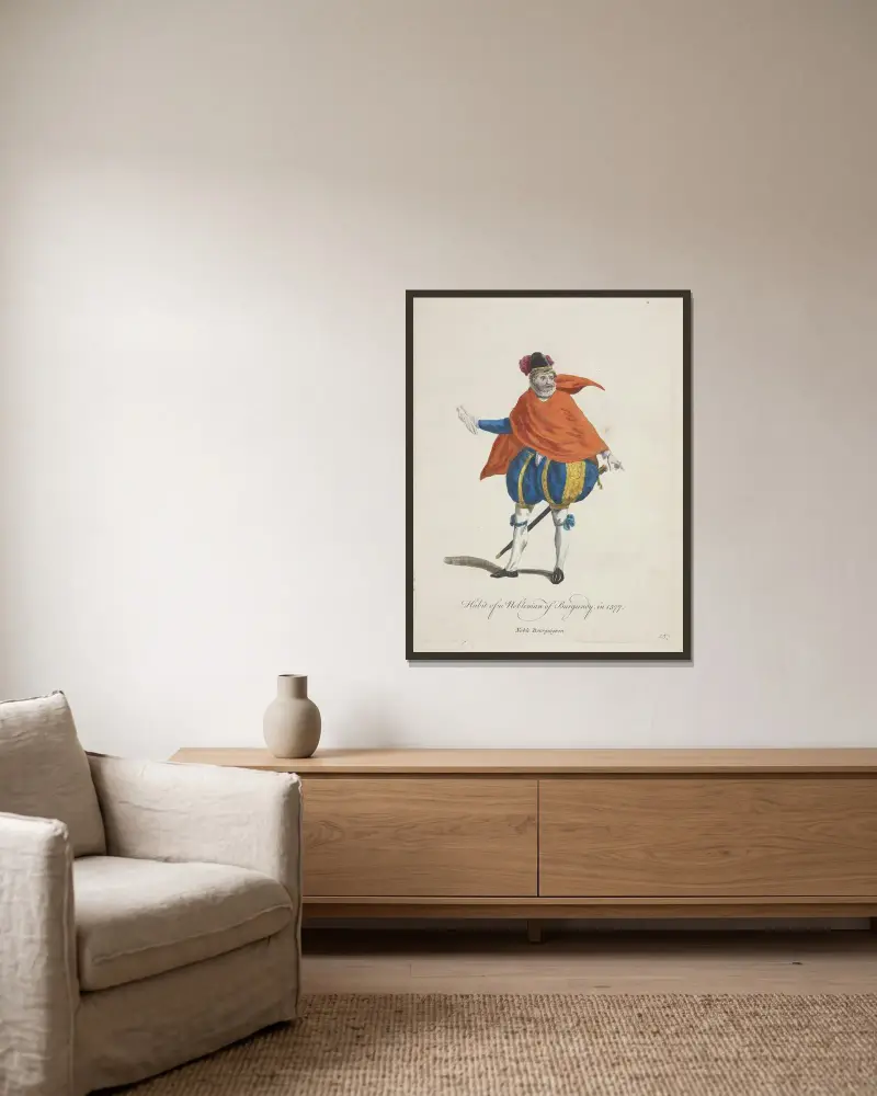 Tracht eines burgundischen Adligen 1577 von Charles Grignion gerahmt an einer Wand