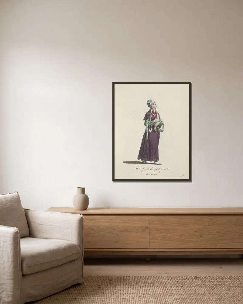 Tracht einer persischen Dame im Jahr 1568. Dame Persanne von Charles Grignion gerahmt an einer Wand