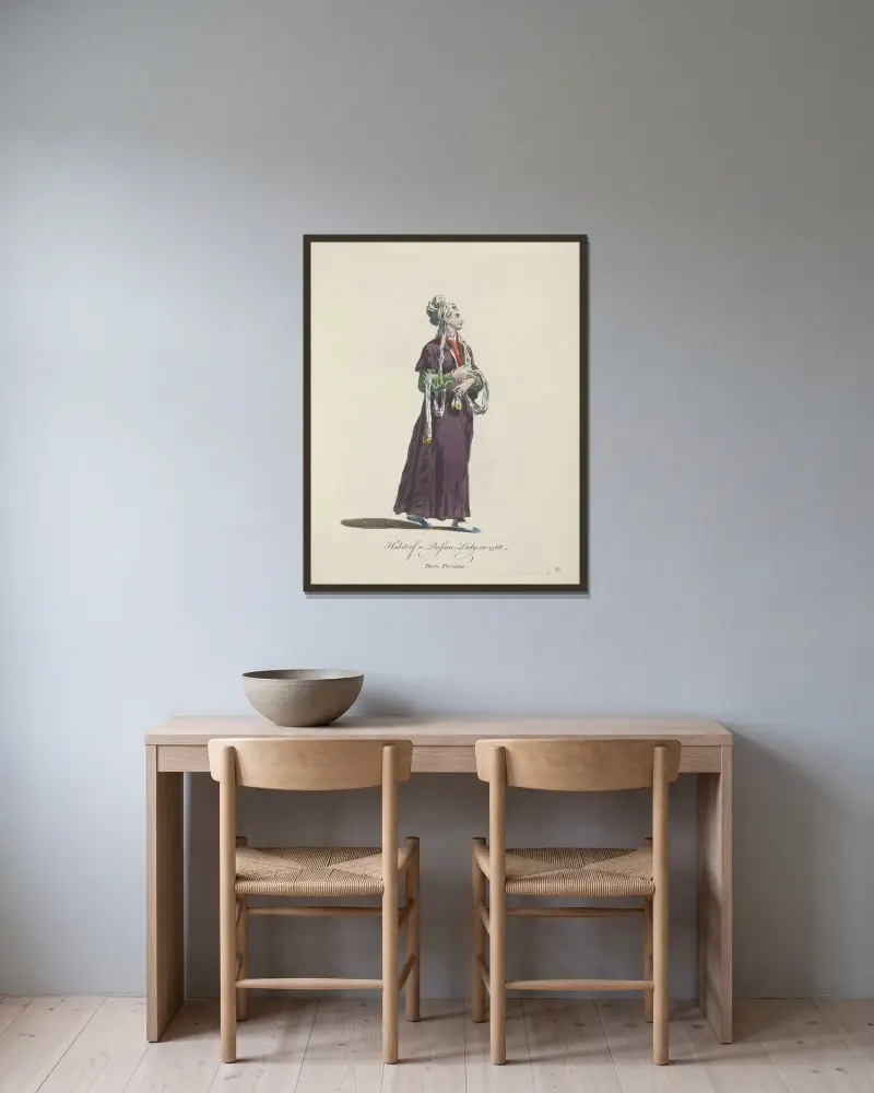 Tracht einer persischen Dame im Jahr 1568. Dame Persanne von Charles Grignion gerahmt an einer Wand