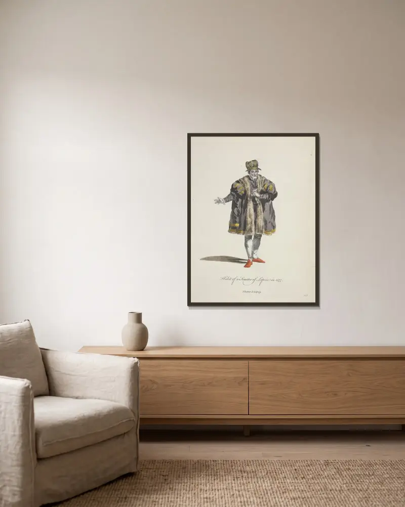Tracht eines Senators von Leipzig im Jahr 1577 von Charles Grignion gerahmt an einer Wand