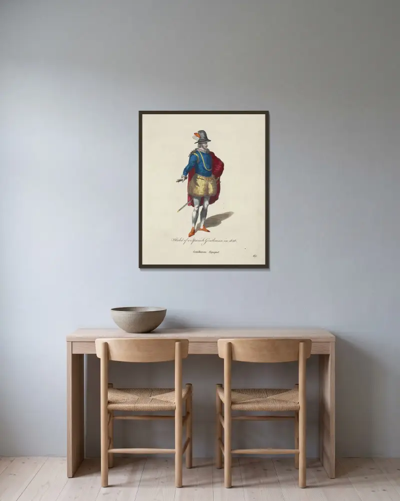 Spansk gentlemans dräkt 1626 av Charles Grignion inramad på en vägg