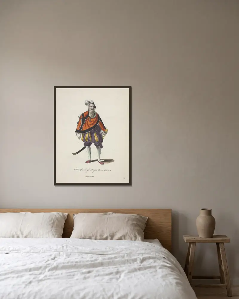 Schweizisk domares dräkt 1577 av Charles Grignion inramad på en vägg